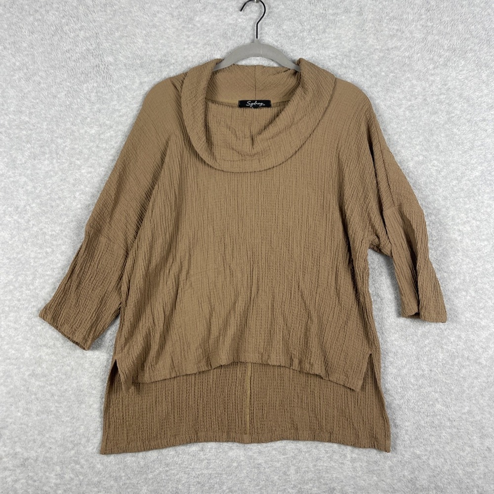 Sydney USA Crinkle Gauze Tunic Top Womens M Brown Oversized Cowl Neck Lagenlook